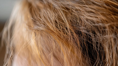 A close-up of damaged, overly processed hair with visible breakage, showcasing the results of excessive heat styling.の素材