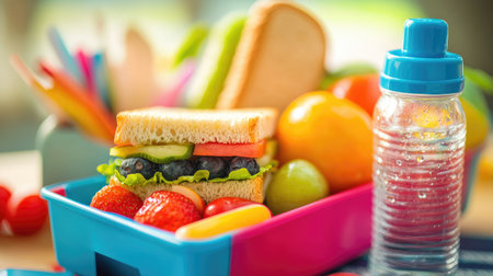 A colorful school lunch box filled with healthy fruits, a sandwich, and a water bottle, ready for a child's school day.の素材