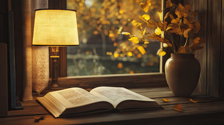A cozy scene of an open book resting on a wooden table, bathed in warm, golden light from a nearby lamp.の素材