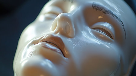 A close-up of a medical dummy mannequin used for first aid training, with detailed facial features and anatomy.の素材