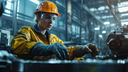 A factory worker wearing a safety uniform with goggles and gloves, operating heavy machinery in a well-lit industrial space.の素材