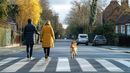 A dog walking next to its owner across a zebra crossing in a quiet residential area.の素材
