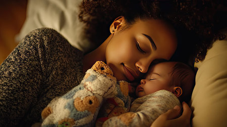 A mother and baby sharing a peaceful nap together, highlighting the deep sense of security and closeness.の素材
