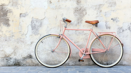 A peach-colored bicycle parked against a wall, adding a vintage and charming touch to the urban scene.の素材