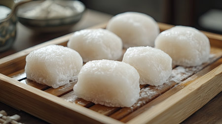 A freshly made batch of daifuku mochi cooling on a wooden tray, highlighting the homemade aspect of this treat.の素材