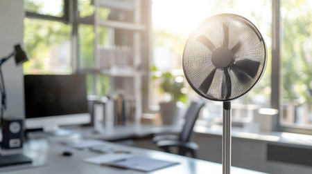 A modern standing fan oscillating in a clean, minimalistic workspace, providing a refreshing breeze.の素材