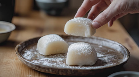 A hand picking up a piece of daifuku mochi from a platter, emphasizing its soft, chewy texture.の素材