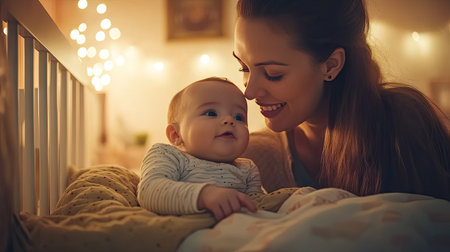 A mother gently rocking her baby in a crib, demonstrating a soothing and tender bond during bedtime.の素材