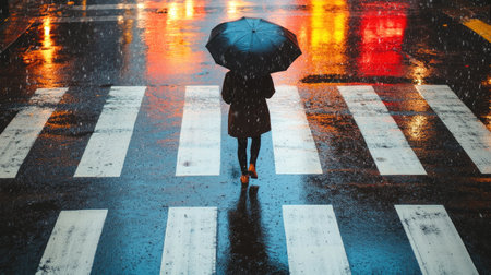 A person in a raincoat and umbrella crossing a zebra crossing during a rainstorm, with reflections of lights on the wet road.の素材