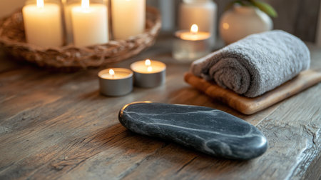 A natural gua sha stone massager resting on a wooden surface with candles and soothing skincare products, creating a spa-like atmosphere.の素材