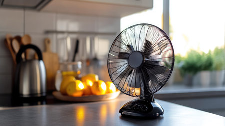 A portable, rechargeable electric fan sitting on a kitchen counter, providing airflow during a hot summer day.の素材