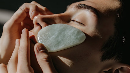 A person applying a natural gua sha stone to their face, with the stones smooth surface gliding over the skin in a relaxing massage.の素材