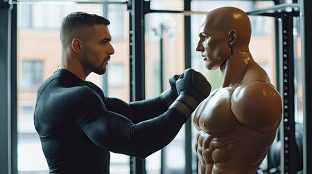 A personal trainer demonstrating self-defense techniques with a practice dummy mannequin in a fitness studio.の素材