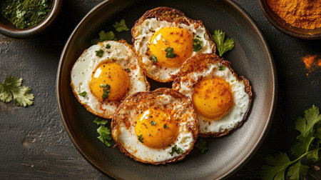 A plate of crispy fried eggs with a mix of spices, including turmeric and coriander, adding vibrant color and flavor.の素材