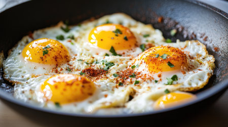 A skillet with fried eggs being seasoned with a pinch of curry powder and paprika, ready for a flavorful meal.の素材
