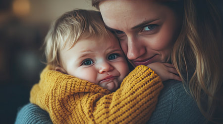 A parent comforting a crying baby with a warm embrace, showing the nurturing side of their emotional bond.の素材
