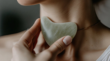 A person using a natural gua sha stone on their neck and shoulders, demonstrating its use for relaxation and muscle tension relief. -の素材