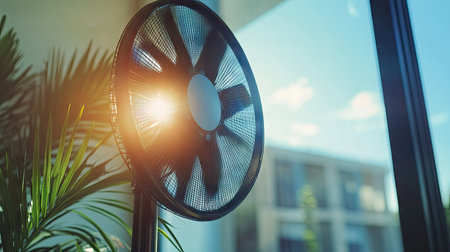A powerful modern fan blowing air, with visible motion blur on the blades in a bright, airy room.の素材