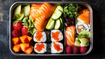 A school lunch box featuring a bento-style meal, with sushi, fruit, and vegetables arranged attractively.の素材