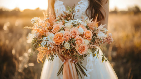A woman holding a peach-colored bouquet at a wedding, adding a touch of warmth and elegance to the moment.の素材