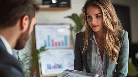 A real estate agent presenting property options to a client with investment charts in the background.の素材