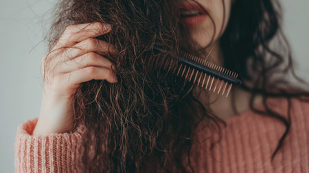 A person brushing tangled, damaged hair, showing hair breakage and difficulty in managing frizz.の素材