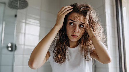 A woman holding her head in frustration, looking at damaged, frizzy hair in the bathroom mirror.の素材
