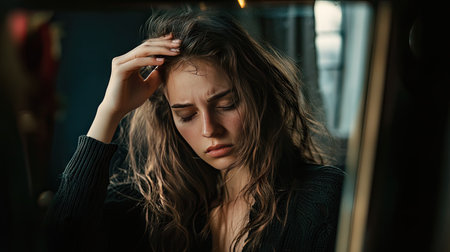A woman examining her damaged hair in front of a mirror, running her fingers through brittle strands.の素材