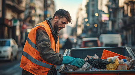 A sanitation worker in a safety vest and gloves, collecting waste on a busy street, promoting safety in urban environments.の素材