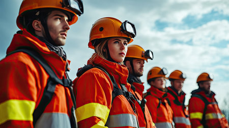 A team of rescue workers in bright safety uniforms and helmets preparing for a drill in a disaster area.の素材