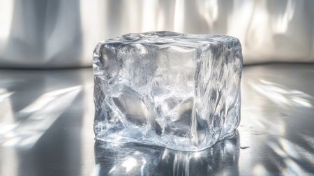 A beautifully intricate ice cube with air pockets and subtle cracks, resting on a glossy table, sparkling under soft, natural light.の素材