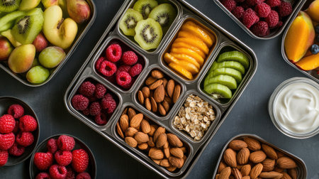 A top view of a school lunch box with a variety of snacks, including nuts, fruit slices, and yogurt.の素材
