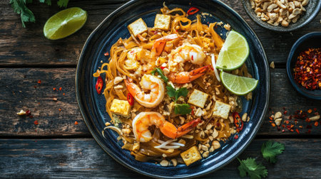 A beautifully plated serving of Pad Thai with shrimp, tofu, and crushed peanuts, garnished with lime and chili flakes on a rustic wooden tableの素材