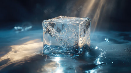 A beautifully shaped ice cube with subtle air bubbles and intricate internal patterns, shining under a soft spotlight.の素材