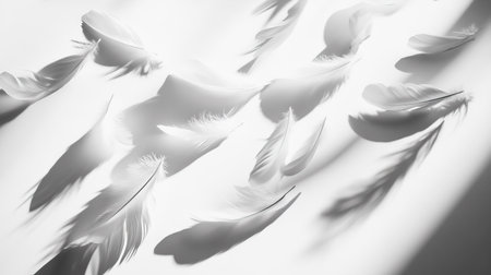 Soft, airy white feathers drifting downward in an abstract pattern, their shadows casting on a minimalist backdrop.の素材