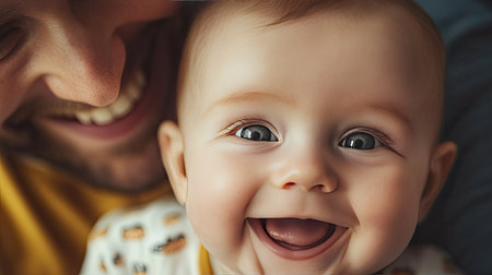 A close-up of a babys smiling face against the backdrop of a parents loving gaze, capturing the essence of emotional connection.の素材