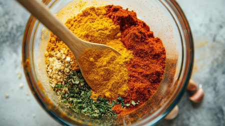 A birds eye view of a colorful spice blend being stirred in a bowl, with spices like turmeric, paprika, and garlic visible.の素材