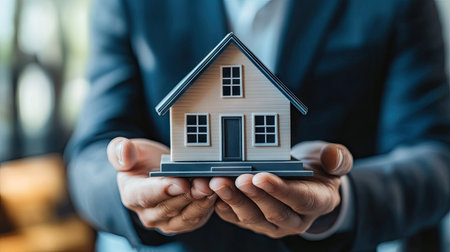 A businessperson holding a miniature house model, symbolizing real estate investment and financial growth.の素材