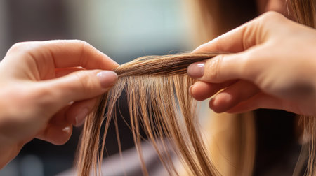 A hairdresser showing a client split ends during a consultation, emphasizing the need for a trim.の素材