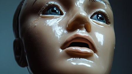 A close-up of a medical dummy mannequin used for first aid training, with detailed facial features and anatomy.の素材