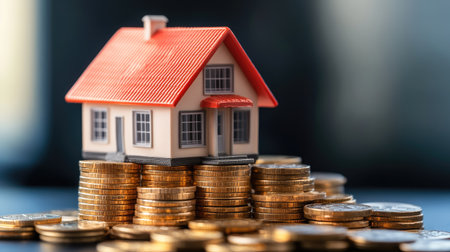 A detailed model house on top of a growing stack of coins, symbolizing increasing property value and financial growth.の素材