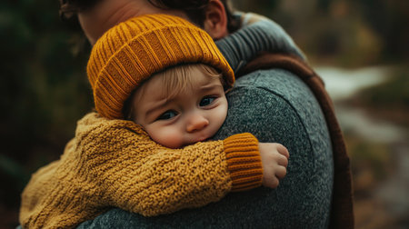 A parent comforting a crying baby with a warm embrace, showing the nurturing side of their emotional bond.の素材