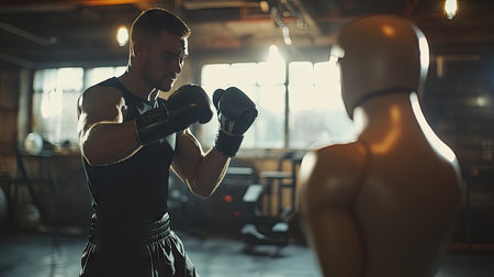 A boxer throwing a jab at a punching dummy mannequin in a well-lit gym, emphasizing strength training.の素材