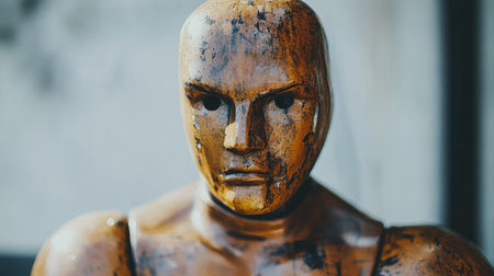 A close-up of a boxing dummy mannequin, with scuff marks from repeated punches and strikes, symbolizing intense training.の素材