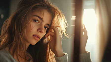 A woman examining her damaged hair in front of a mirror, running her fingers through brittle strands.の素材