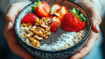 A bowl of oatmeal with Greek yogurt held in female hands, featuring colorful toppings like strawberries, chia seeds, and nuts, perfect for a nutritious breakfast.の素材