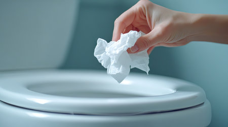 A close-up of fingers holding a crumpled tissue over a clean toilet bowl, mid-action, symbolizing daily hygiene habits and responsible waste handling.の素材