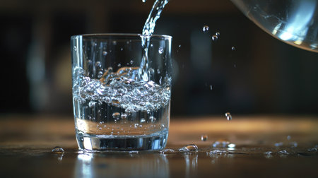A glass on a wooden table, being filled with water from a jug, with a few drops spilling over the rim as it reaches full capacityの素材