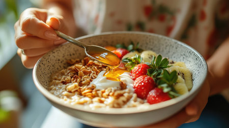 A close-up of a womans hands stirring Greek yogurt into a bowl of oatmeal, with honey drizzled over fresh fruit and nuts for a perfect morning meal.の素材