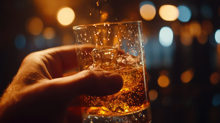 A hand holding a glass of whiskey and soda, the bubbles sparkling under dim bar lighting, with condensation forming on the glassの素材